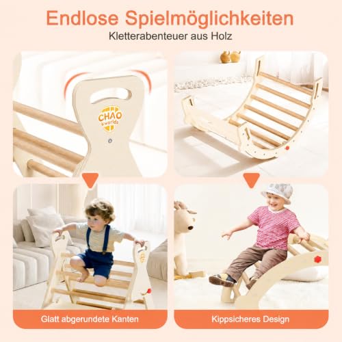 Foto von CHAO KWORLDS Pikler Dreieck 8-in-1 klappbar, Montessori Klettergerüst Indoor aus Holz mit Rutsche, Kletterbogen und Rampe für Kinder 2–6 Jahre stabil und platzsparend Holzfarben