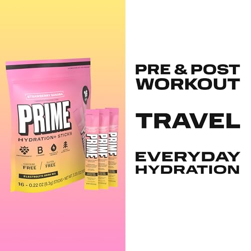 Image of PRIME HYDRATION+ Electrolyte Powder Sticks, Strawberry Banana, Sugar Free Hydration Drink Mix with Potassium, Magnesium & B Vitamins to Replenish Fluids, Caffeine Free, 16 Count