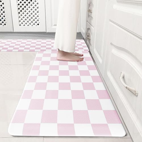 VivaNest Pink Checkered Grid Checkerboard Kitchen Rug Sets [2 PCs], Anti-Fatigue, Waterproof Non-Slip Kitchen Mats Heavy Duty Ergonomic Comfort Foam Rug for Floor, Home, Laundry,Easter 17"x29"+17"x47"