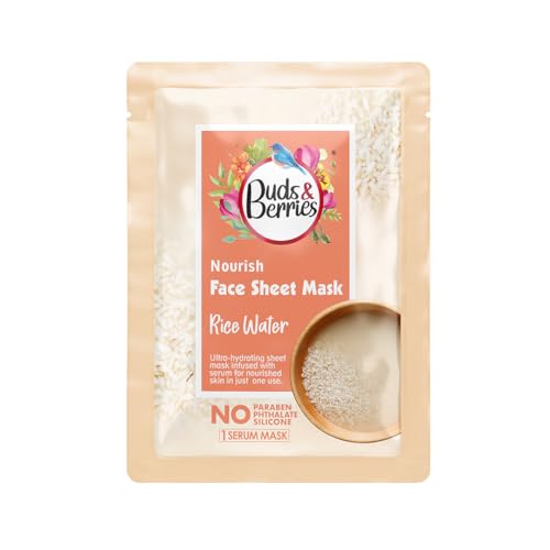 Image of Buds & Berries Rice Water Nourishing Ultra-hydrating Face Sheet Mask | Infused with Serum | All Skin Types | No Paraben, No Sulphate, No Silicone (25 gm)