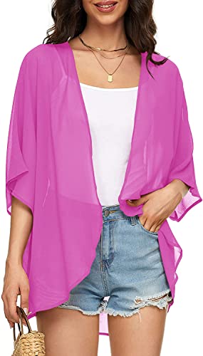 Image of Indian Trendy Women's Solid Puff Sleeve Kimono Cardigan Loose Cover Up Casual Blouse Top Chiffon