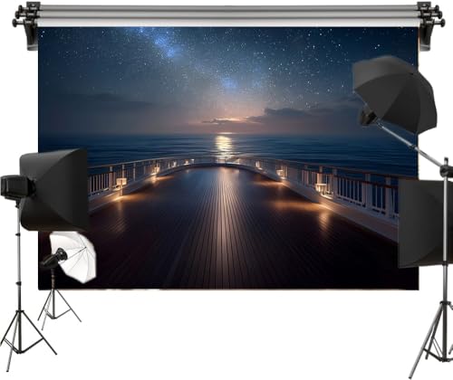 Luxury Cruise Ship Deck Polyester Backdrop 7x5FT – Romantic Night Ocean View with Starry Sky and Milky Way, Elegant Photography Background for Wedding, Travel, Party or Couples Photo Booth