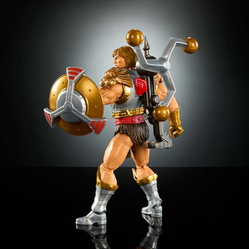 Masters of the Universe Figurine articulée de 18 cm, jouet Musclor Masters of the Universe New Eternia avec arme poings volants, arme et bouclier tournoyants, 30 articulations, JBP75