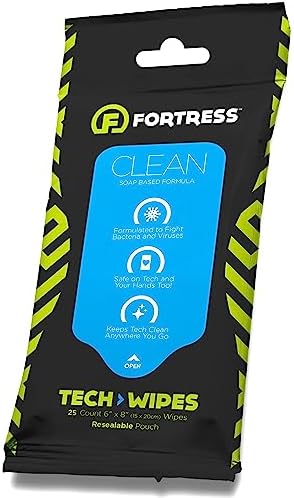 Fortress Tech Wipes (25 ct.) To-Go Electronic Wipes for Cell Phones, Keyboards, Cameras, Car Interior and More [Travel Size] Skin-Safe Cleaning Wipes, Phone Wipes (Fresh Clean Scent)