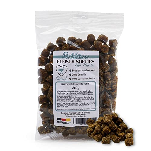 PetLove Croquettes de Viande Moelleuses pour Chiens • Croquettes pour Chiens Adultes et Chiots • Teneur en Viande 63%, sans Céréales • Friandises pour Entraînement des Chiens • Autruche (200 g) Cover