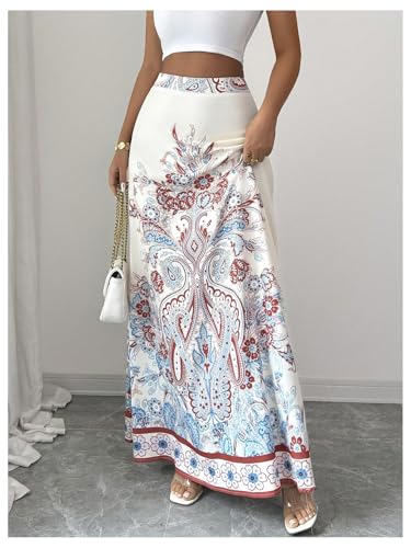 MakeMeChic Women's Floral Maxi Skirt Paisley Print High Waist Flare Hem Country Boho Skirts4