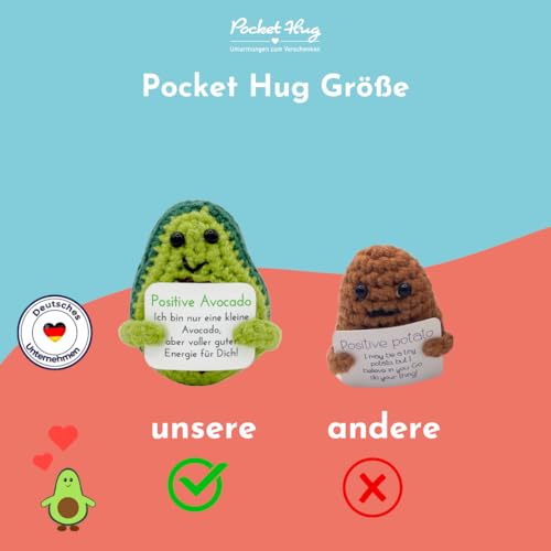 Pocket Hug Positive Avocado · Mutmachergeschenk für Freunde, Familie und Kollegen · Kreative Avocadofigur · Motivationsgeschenk & Glücksbringer deutsch · Handmade Woll-Avocado inkl. Zubehör