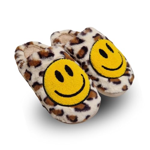 TOSH Ladies Mule Slippers Happy Face Smile Warm Lined Cushioned Padded Flat Slip Ons (Beige Leopard, UK Footwear Size System, Adult, Women, Numeric, Medium, 4)