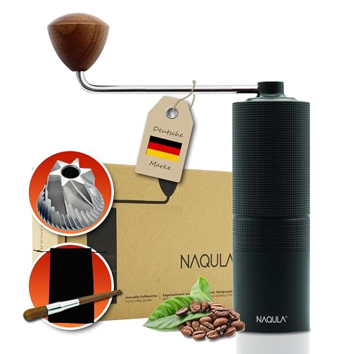 NAQULA manuelle Kaffeemühle mit 6-Achsen-Edelstahl-Mahlwerk. Präzises Mahlen, einstellbarer Mahlgrad inkl Bürste und Stofftasche. Handkaffeemühle zu Hause und unterwegs Kaffemuehle manuell