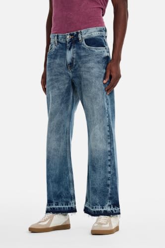Image of SNITCH Men Flared Fit Jeans | Mid Rise Stone-Washed Denim with Raw Frayed Hem & 5-Pocket Design | 100% Cotton Woven Fabric for Casual & Everyday Wear