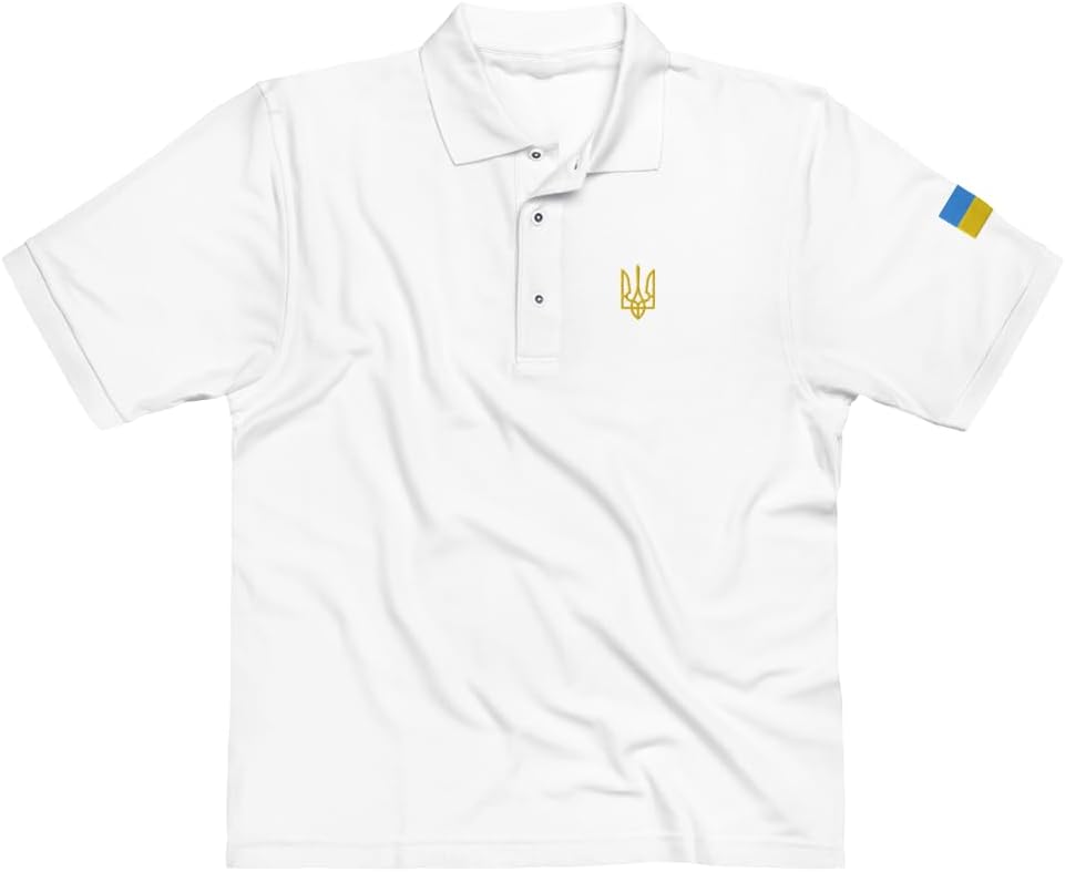 Embroidered Ukrainian Tryzub Trident Tridente - Embroidery Flag Prapor of Ukraine Men's Premium Polo