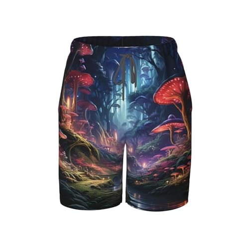 HERRECX Magic Forest Fantasy Mushrooms Colorful Boys Swim Trunks Swim Board for Teen Kid Shorts Surf Swimming Beach Trunks Medium