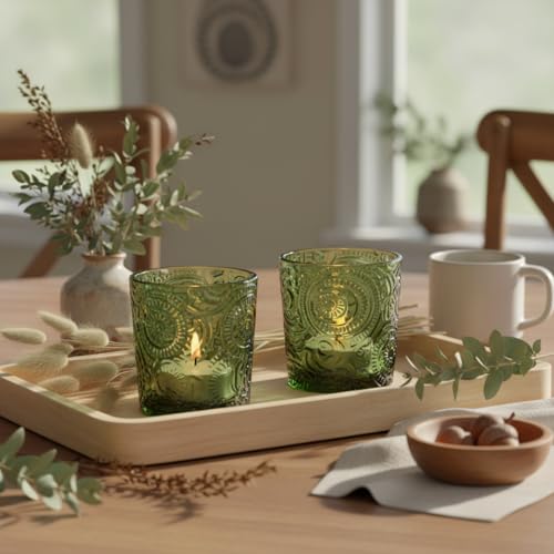 Moss Green Sun Moon Stars Glass Tealight Holders, 6 Pack