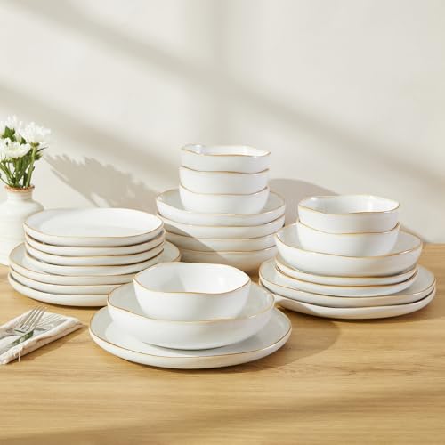 Image of 24 Pieces Dinnerware Set for 6 with Pasta Bowls, Complete Ceramic Dish Set, Stackable & Glossy Stoneware Plate and Bowl Set for Effortless Everyday Hosting, White