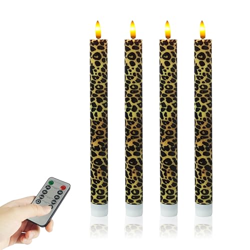 Image of Remote Leopard LED Taper Candles - 4pcs Animal Pattern Flameless Battery Operated Candlesticks for Home Wedding Dining Table Holiday & Party Decoration
