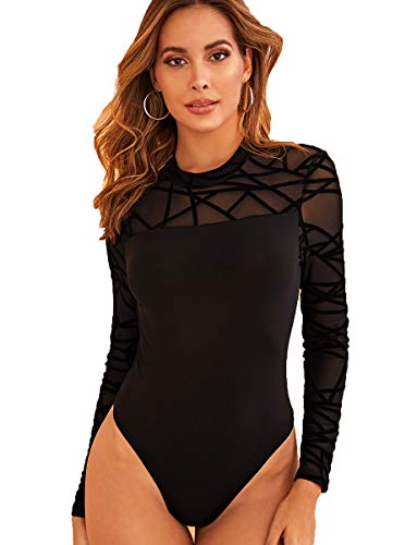 ROMWE Women s Mesh Long Sleeve Stretchy Sexy Party Bodysuit Black#1 L