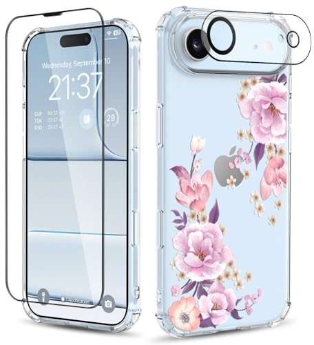 ilnehc for iPhone 17 Air Case,[3 in 1] with Screen Protector & Camera Lens Protector, Flower Pattern Design,Clear Soft Shockproof Slim Floral Phone Cover for Women Girls 2025 6.5" (Peony)