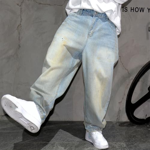 Men’S Streetwear Paint Point Baggy Denim Cargo Pants Slim Fit Full Length Button Fly Midweight Light Wash Trousers3