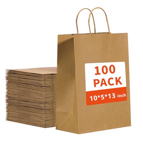 vanhel 10x5x13in Kraft paper Bags 100Pcs Brown Paper Bags with Handles Bulk Recycled Paper Gift Sacks for Gifts Retail Merchandise Grocery Birthday Wedding Party Favor Take-out
