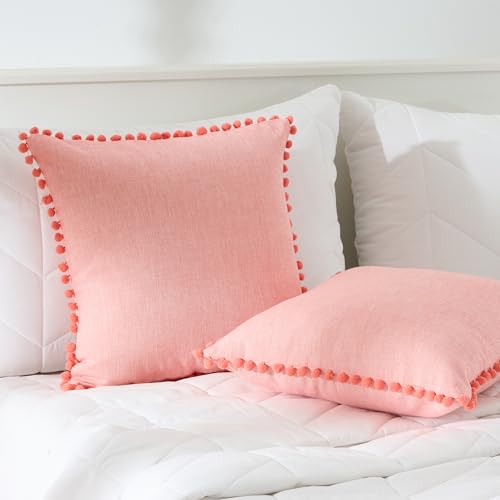 Image of 100% Cotton Pom Pom Cushion Without Filler, Elegant & Modern Cushion Cover for Living Room, Square Shape, 20 inchx20 inch, uni Chambray, Set of 5 - Coral
