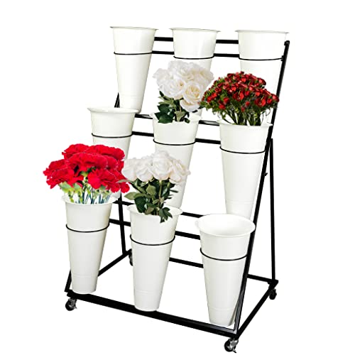 Decorative Flower Display Stand with Buckets for Cut Flowers, Heavy Duty Rolling Plant Stand on Wheels, Indoor Outdoor Flower Cart Ladder Shelf for Florist, Garden, Patio (3 Tier 9 White Bucket)