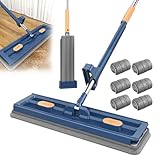 HRKVSK Großer Flachmopp, Flachmopp mit Auswringfunktion, 360° Drehbarer Reinigungsmopp, Flachmopp aus Mikrofaser für alle Böden, Hartholz, Fliesen, Laminat (Blau, 1 Wischmopp+6 Tuch)