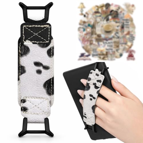 LEPGUYO Correa de Muñeca Soporte para Kindle, Banda Elástica de Cuero PU Estampado Vaca, Compatible con 6 8 Pulgadas Ebook Kindle & Tableta, 50 Pegatinas Lectura Retro Gratis