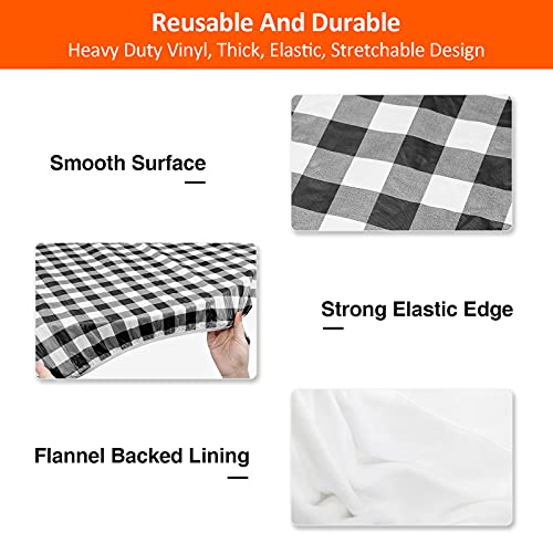 Picnic Table And Bench Fitted Tablecloth Cover, 3-Piece Set, Kenobee Flannel Backing Elastic Edge Waterproof Wipeable Plastic Cover Vinyl Tablecloth For Home Goods Indoor Outdoor Patio, Black-White #TOP3