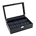 Caddy Bay Collection Black Carbon Fiber Pattern Watch Box Display Storage Case with Glass Top, Blue Stitching Perforated Soft Pillows Holds 10 Watches - Blue Stitching