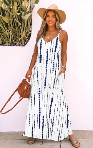Image of Bluetime Women Summer Spaghetti Strap Maxi Dress V-Neck Sleeveless Flowy Boho Floral Beach Long Dress with Pockets