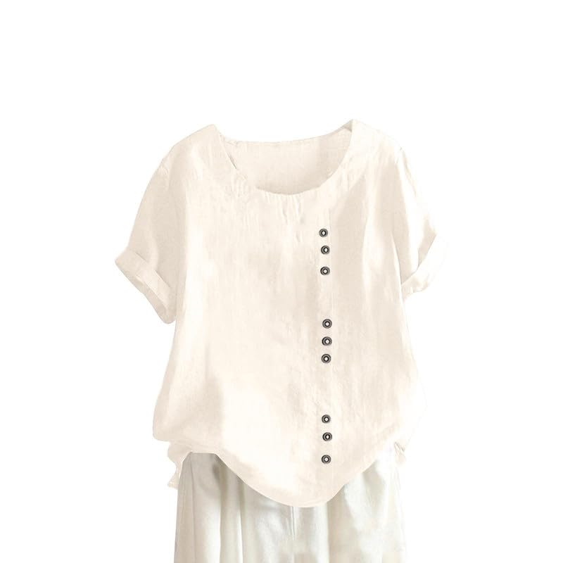ZOCAVIA Womens Cotton Linen Shirts Summer Casual Boho Floral Short Sleeve Buttons Blouse Oversized Loose Ladies Tunic Tops