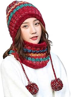 Women Knitted Hat Scarf Set Winter Warm Thicken Crochet Bobble Pom Pom Beanie Hat Cap Outdoor Ski Snowboard Cycle Bobble Hemming Hats with Fleece Lining