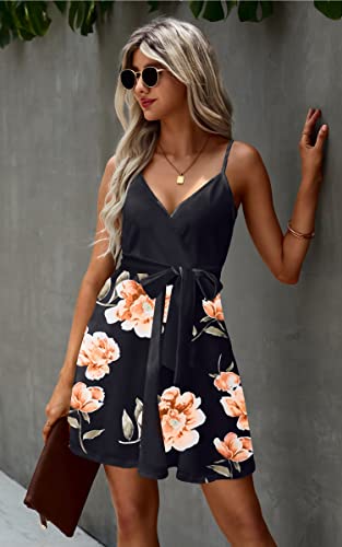 Image of ECOWISH Summer Dresses for Women 2026 V-Neck Spaghetti Strap Bowknot Backless Sleeveless Lace Mini Swing Skater Dress