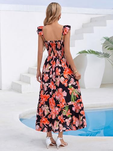 Simplee Womens Summer Floral Sundresses 2026 Sleeveless Casual Smocked Ruffle Spaghetti Strap Boho Maxi Dress Beach Vacation Black Orange — view 6