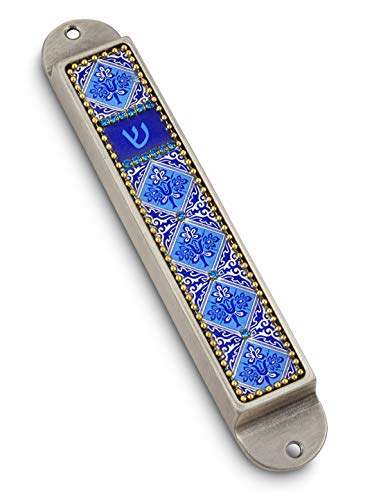 AJDesign Iris Collection Handcrafted Pewter & Enamel Beaded Colored Mezuzah Case (Blue - Flowers)