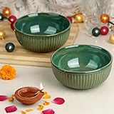 The Earth Store Glam Green Ceramic Bowl Set of 2, 500 ML Each | Ceramic Mixing Bowls for Snacks, More | Rice, Dal, Fruits, Salad | Perfect for Christmas Gift | New Year Gift & Daily Use