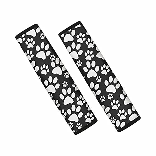 Doginthehole Black White Paw Print Car Seat Belt Covers For Girls And Women, Safety Belt Shoulder Strap Pads Adults 2 Piece Universal Auto Interior Accessories Protector Seatbelt Cover #TOP17