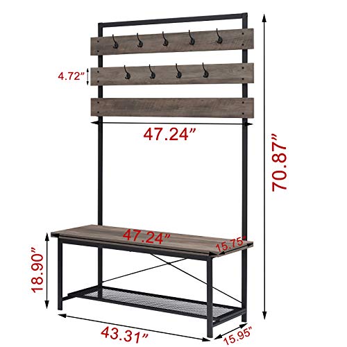 Lifusttg Farmhouse Hall Tree For Entryway, Wood And Metal Coat Rack With Shoe Bench, Storage Shelf Organizer, Accent Furniture With Metal Frame (47 Inch) #TOP2