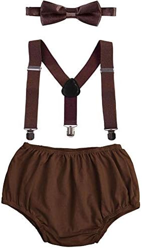 ODASDO Toddler Kids Baby Boy 1st First Birthday Cake Smash Outfit Bow Tie Y-Back Suspenders Bloomers Diaper Cover Shorts Pants 3pcs Clothes Set Photo Props Coffee