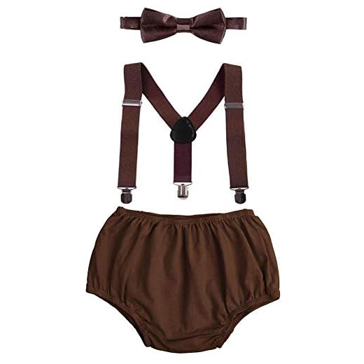 ODASDO Toddler Kids Baby Boy 1st First Birthday Cake Smash Outfit Bow Tie Y-Back Suspenders Bloomers Diaper Cover Shorts Pants 3pcs Clothes Set Photo Props Coffee