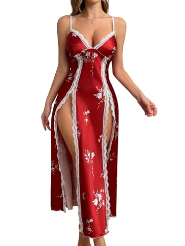 Image of CRIPOM Silk Lingerie Dress for Women Long Nightgowns for Women Sexy Chemise with Thong 2 Piece S-XXL