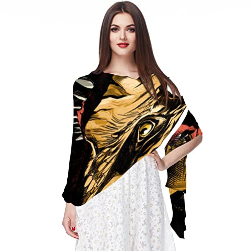 Foulard en mousseline de soie motif dinosaures femme vert bleu orange jaune