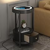wangpengkai Black Smart Led Nightstand with Drawers,14in Sofa Narrow Round End Table,Small Luxury Coffee Table/Bedside Table/Unique Accent Side Table for Small Spaces