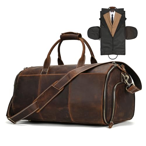 Sac de sport en cuir pleine fleur sac de voyage 2 en 1 marron café pour homme