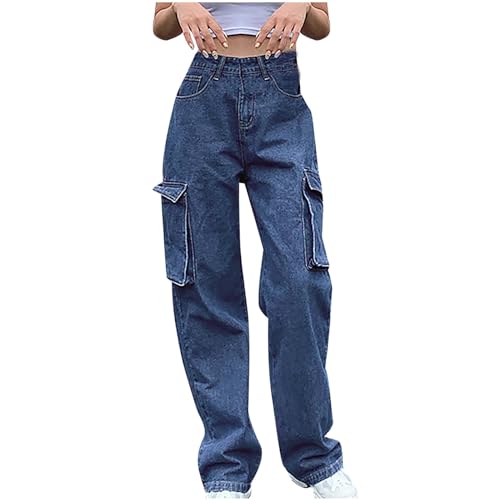 Women's Cargo Jeans Straight Leg Baggy Denim Pants High Waisted Boyfriend Jeans with Multi Pockets for Teen Girls