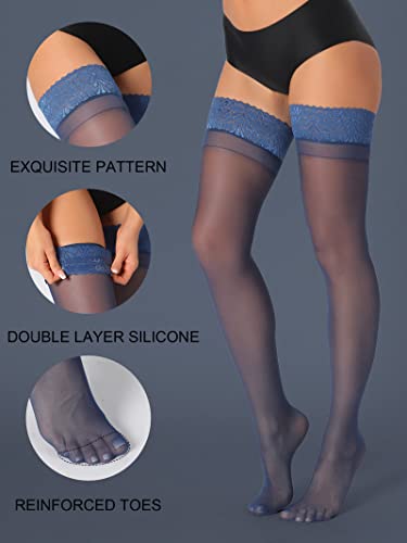 Image of HONENNA Sheer Thigh High Stockings, 17+ Colors Stay Up Lace Top with Anti-Slip Silicone for Women