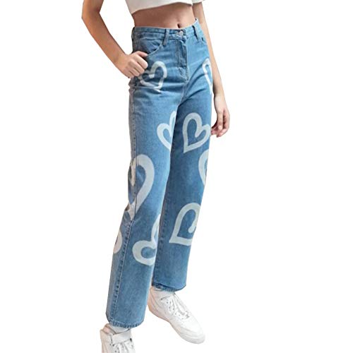 Heart Print Jeans For Women Fashion Wide Leg High Waist Denim Pants Boyfriend Jeans Loose Fit Vintage Jeans For Teen Girls #TOP2