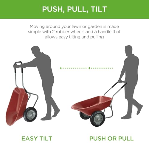 Image of Best Choice Products Dual-Wheel Home Utility Yard Wheelbarrow Garden Cart w /Built-in Stand for Lawn, Gardening, Construction - Red