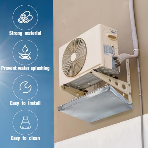 Image of Housoutil Air Conditioner Drip Pan, Galvanized Iron AC Drip Tray, Square Window AC Drain Tray, Condensate Catch Basin, Metal Split Water Catcher for Leakage Protection Outdoor Indoor Unit -15.72 Inch