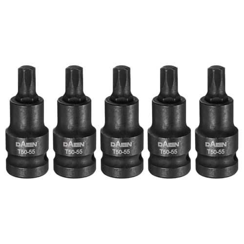 sourcing map 5pcs T50 Torx Bit Socket 55mm/2.17 Length 1/2 Square Drive Star 6 Point Extension Impact Bit Power Nut Driver Set S2 Steel Socket Ratchet Wrench Bits, Black